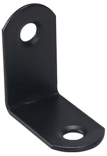 A black L-shaped mounting bracket with a screw hole in each arm.