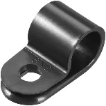 A black R-type cable clip with a single screw hole.