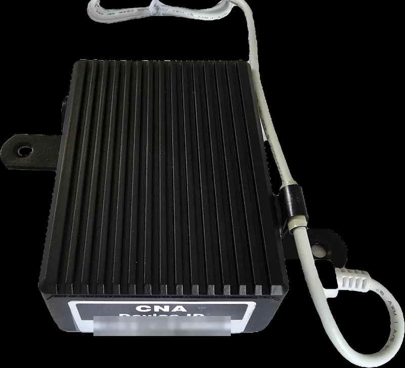 A ModelB sensor fixed to the underside of a desk with its L brackets, power cable held by the cable clip.